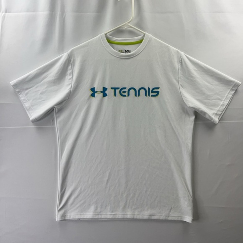 Mens White Regular 90s VTG Medium Under Armour Heat‎ Gear S/S Tennis Logo TShirt